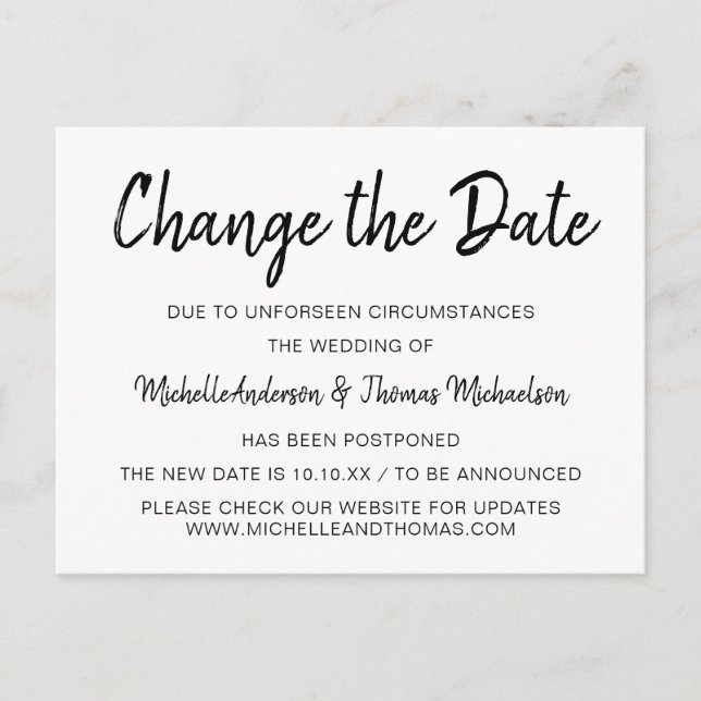 Simple Black and White Change the Date Announcement Postcard (Front)