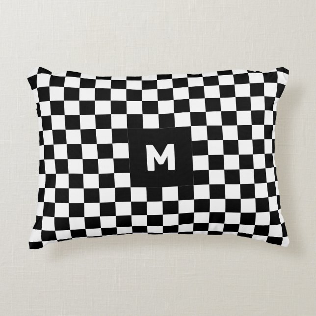 Simple Black and White Chequered Pattern Monogram Decorative Cushion (Front)