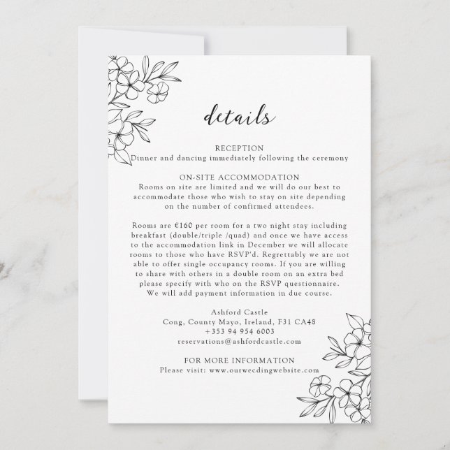 Simple Black and White Cherry Blossom Details Card (Front)