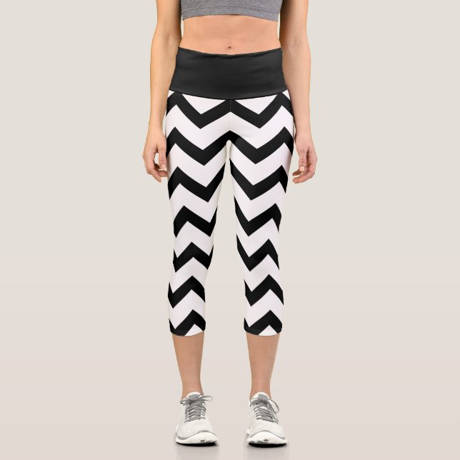 Simple Black and white Chevron pattern Capri Leggings (Front)