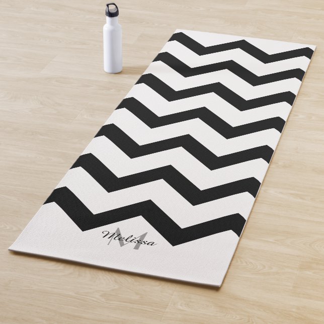 Simple Black and white Chevron pattern Monogram Yoga Mat (In Situ)