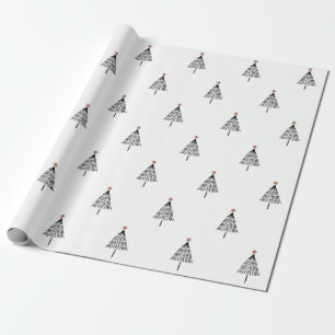 Simple Black and White Christmas Tree Gold Star Wrapping Paper