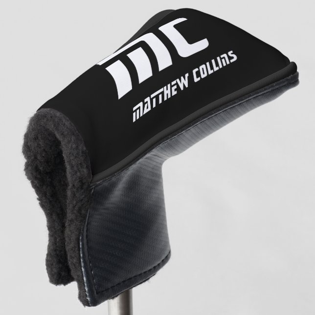 Simple Black and White Cool Personalised Monogram Golf Head Cover (3/4 Front)