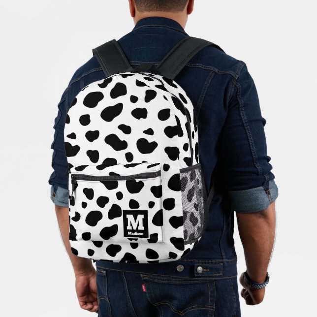 Simple Black and White Cow Print Monogram Name Printed Backpack (Insitu (Model))