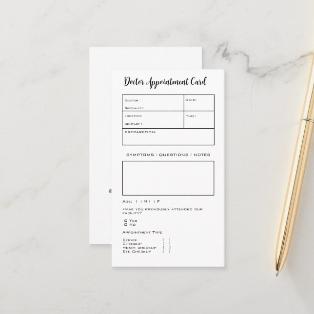 Simple Black and White Doctor Appointment Card  (Front/Back In Situ)