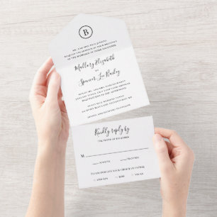 Simple Black and White Elegant Monogram Wedding All In One Invitation