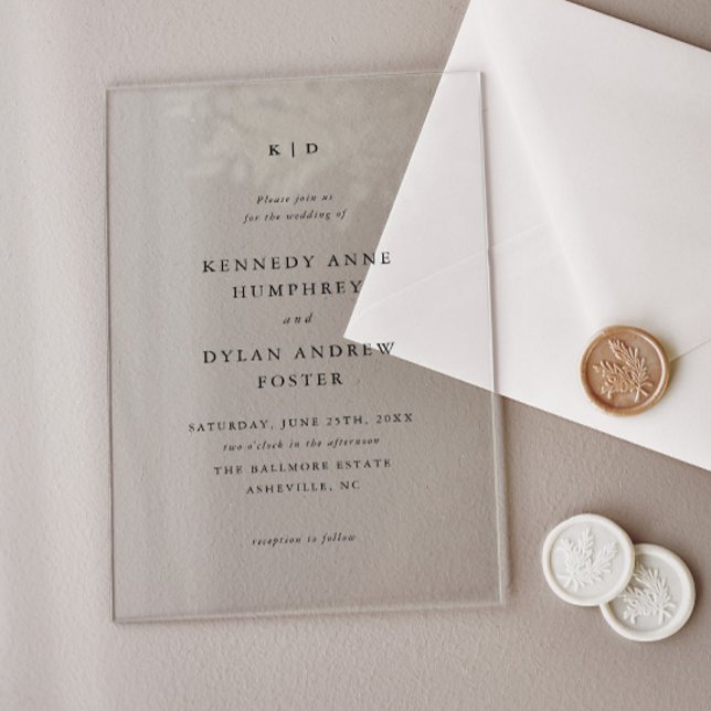Simple Black and White Elegant Wedding  Acrylic Invitations (Simple monogram elegant wedding invitations.)