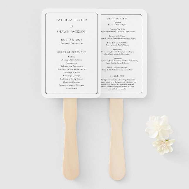 Simple Black and White Elegant Wedding Program Hand Fan (Front and Back)