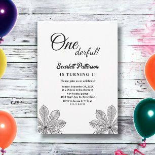Simple Black And White Fall Leaves 1st Birthday Invitation