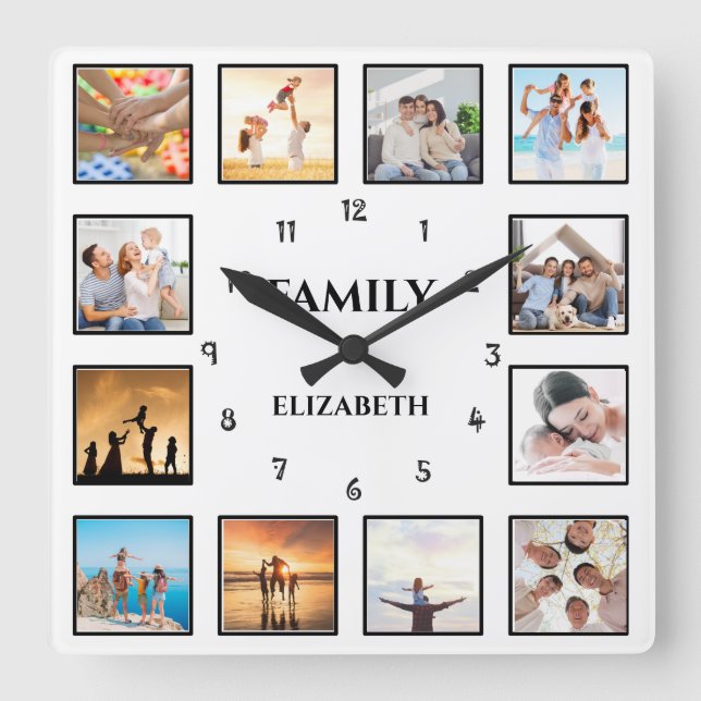 Simple Black and White Family Photo Square Wall Clock (Front)