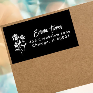 Simple Black and White Floral Address Label