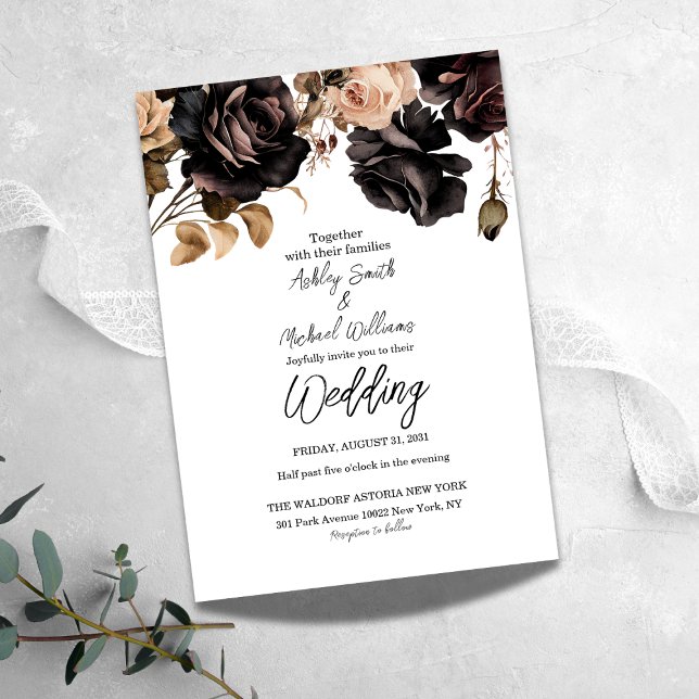 Simple Black and White Floral Dark Moody Wedding Invitation (Creator Uploaded)