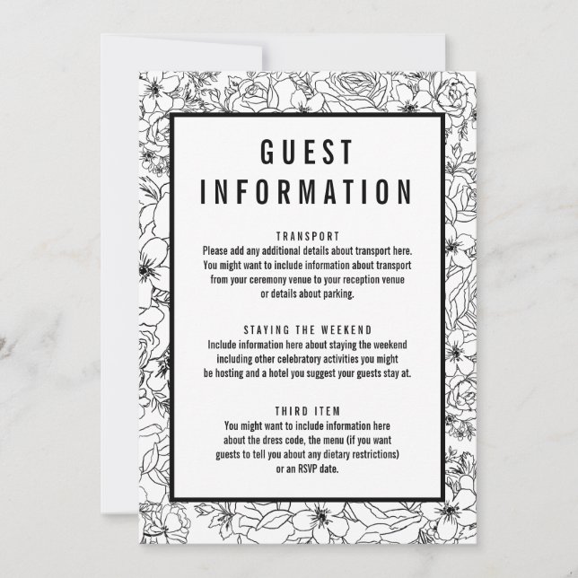 Simple black and white floral guest info insert invitation (Front)