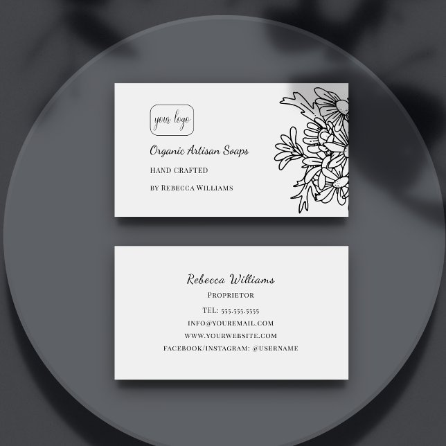 Simple Black and White Floral Hand Made Soap  Business Card (Creator Uploaded)