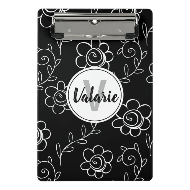 Simple Black and White Floral Monogram Mini Clipboard (Front)