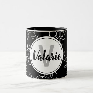 Simple Black and White Floral Monogram Two-Tone Coffee Mug