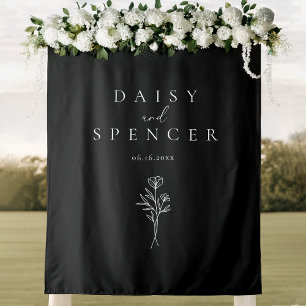 Simple Black and White Floral Outline Wedding Tapestry