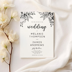 Simple black and white floral theme wedding invitation