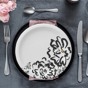 Simple Black and White Flower Drawing Party Paper Plate