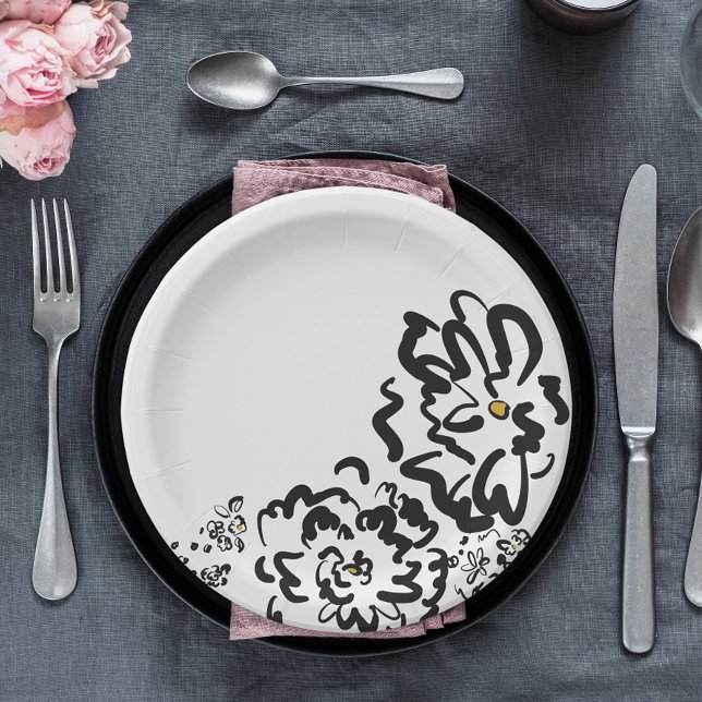 Simple Black and White Flower Drawing Party Paper Plate (Creator Uploaded)