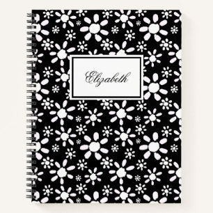 Simple Black and White Flowers Floral Pattern Notebook