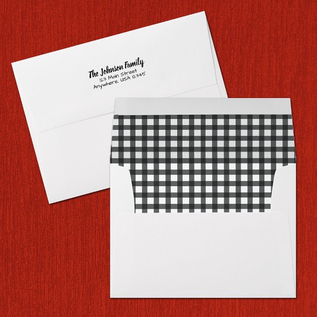 Simple Black and White Gingham  Envelope (Simple black and white gingham printed lining in  envelopes with FREE return address on the back)