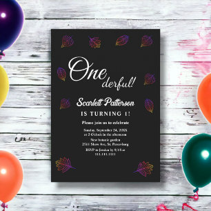 Simple Black And White Glowy Leaves 1st Birthday Invitation