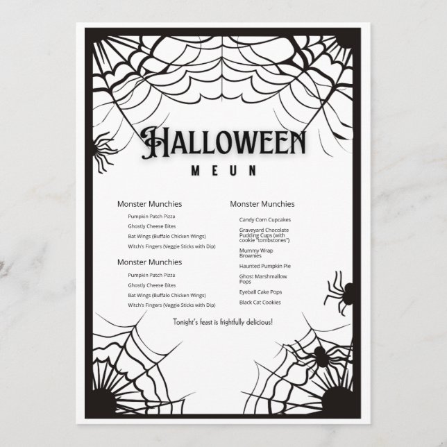 Simple Black And White Halloween  Menu (Front)