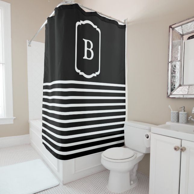 Simple Black and White Horizontal Stripes Monogram Shower Curtain (In Situ)