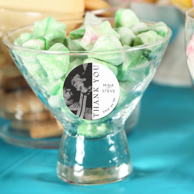 Simple black and white image wedding thank you  classic round sticker (Creator Uploaded)