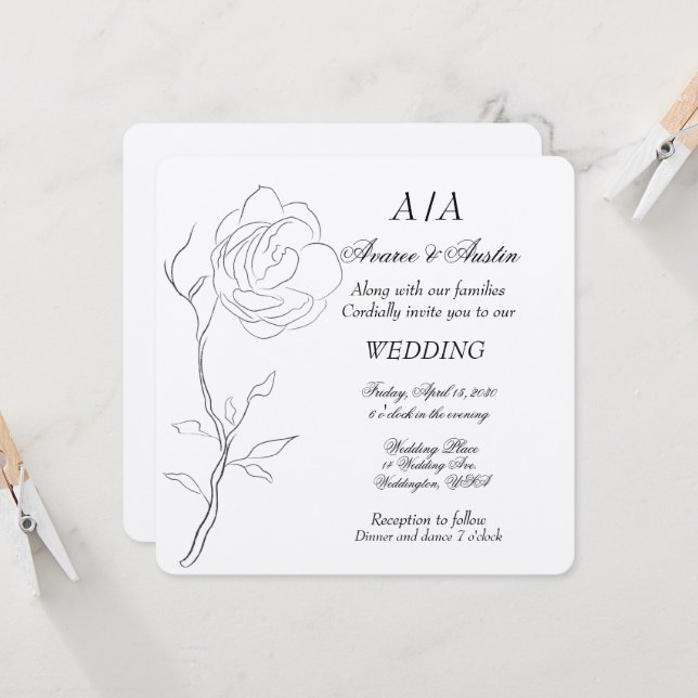 Simple Black and White Jasmine Stem Invitation (Front/Back In Situ)