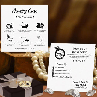 Simple Black and White Jewellery Care Instructions Square Business Card