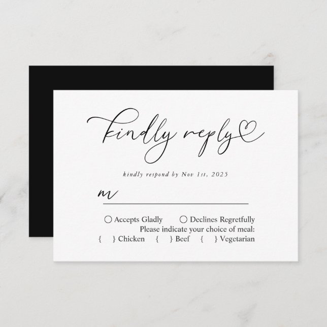 Simple Black And White Kindly Reply Calligraphy RSVP Card (Front/Back)