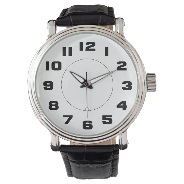Simple Black and White Large Numbers Easy To Read Watch (Front)