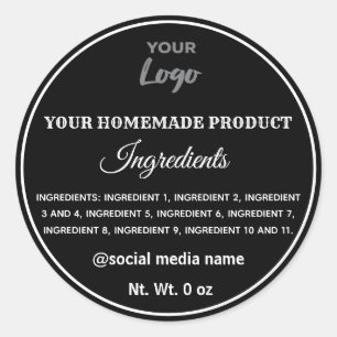 Simple black and white logo ingredients classic round sticker