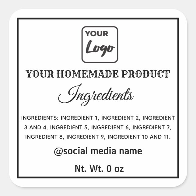 Simple black and white logo ingredients square sti sticker (Front)