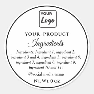 Simple black and white logo product ingredients classic round sticker