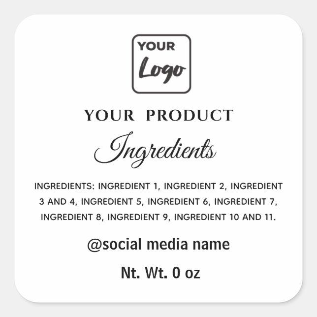 Simple black and white logo product ingredients square sticker (Front)