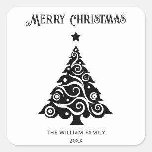 Simple Black and White Merry Christmas Tree Gift Square Sticker