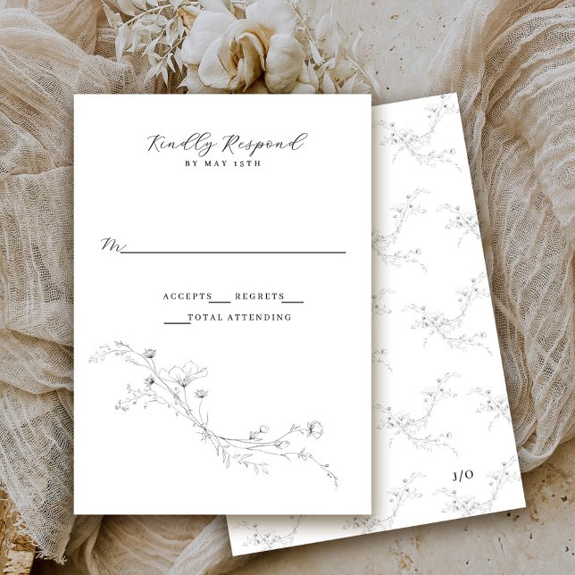 Simple Black and White Minimalist Rustic Floral  RSVP Card (Creator Uploaded)