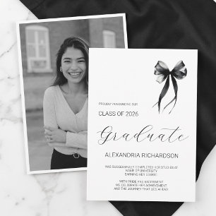 Simple Black and White Modern Bow Photo Graduation Announcement