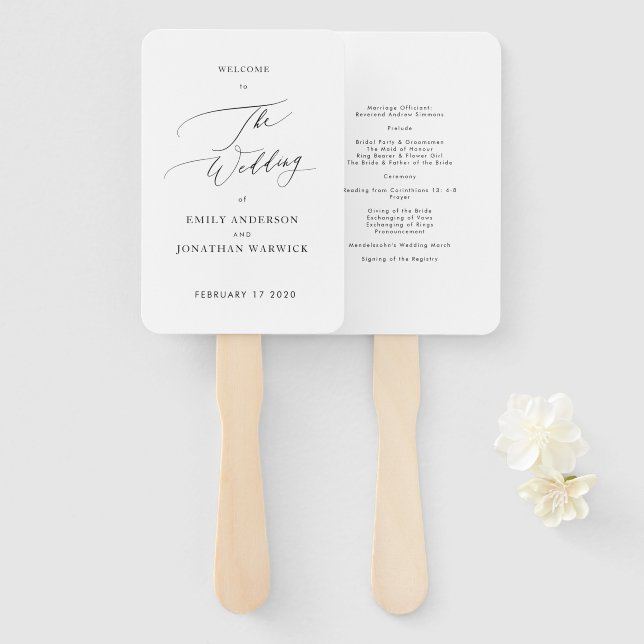 Simple Black and White Modern Calligraphy Wedding Hand Fan (Front and Back)