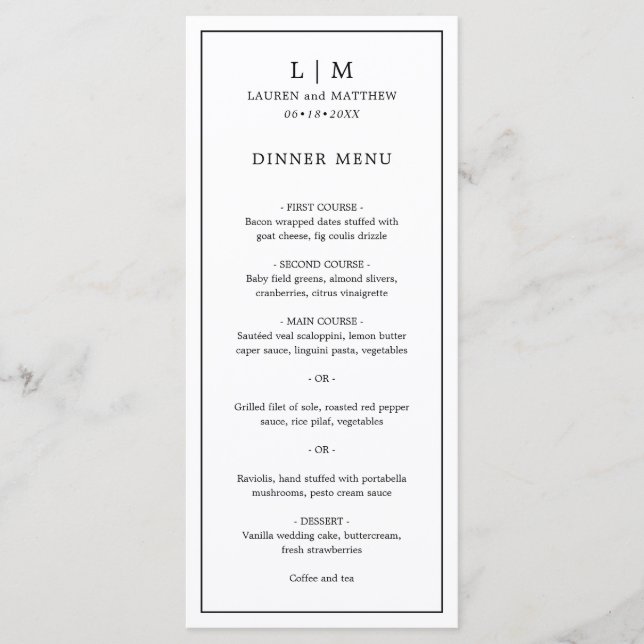 Simple Black and White Monogram Elegant Wedding Menu (Front)