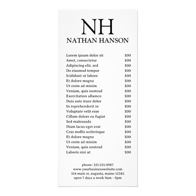 Simple Black and White Monogram Modern Rack Card (Front)