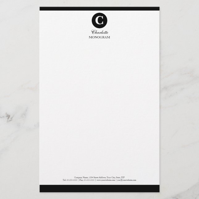 Simple Black and White Monogram Stationery (Front)