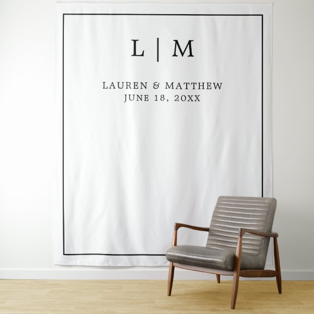 Simple Black and White Monogram Wedding Backdrop Tapestry (In Situ)