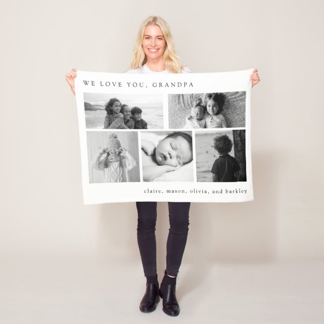 Simple Black and White Multi Photo Grid | Grandpa Fleece Blanket (In Situ)