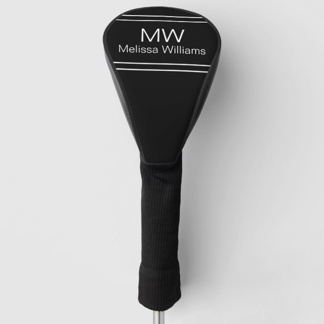 Simple Black and White Name and Monogram Golf Head Cover (Front)