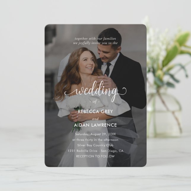 Simple Black and White Overlay Photo Wedding  Invitation (Standing Front)