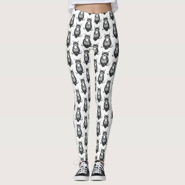 Simple Black and White Owl Pattern Leggings (Front)